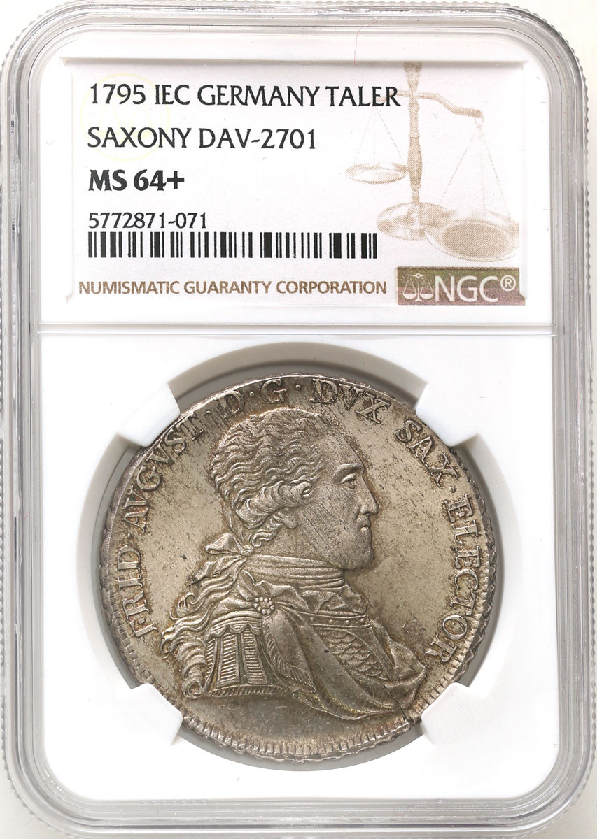 Saksonia. Fryderyk August III (1763-1806). Talar 1795 IEC, Drezno NGC MS64+ (MAX) - PIĘKNY